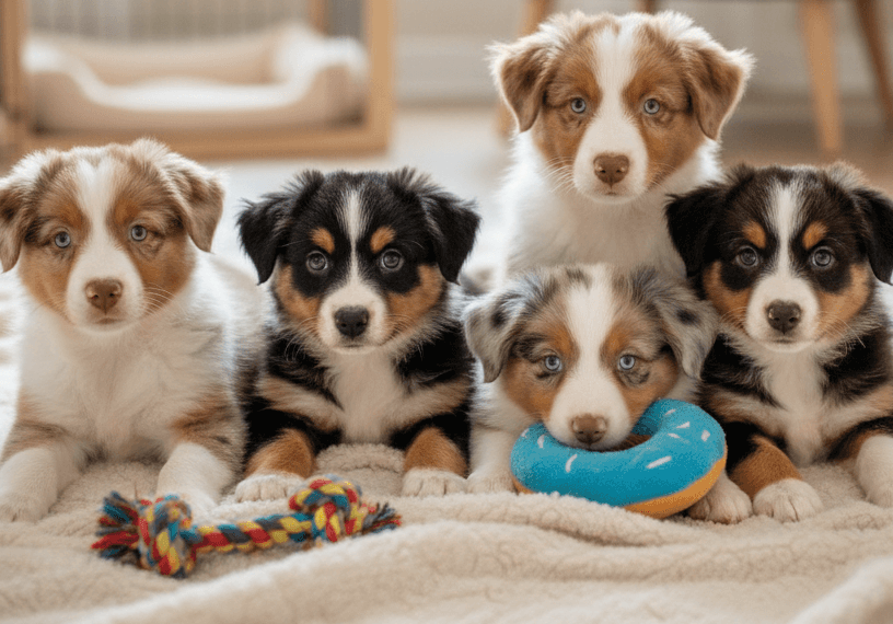 Four Australian Shepherds showing the breed's different coat colors