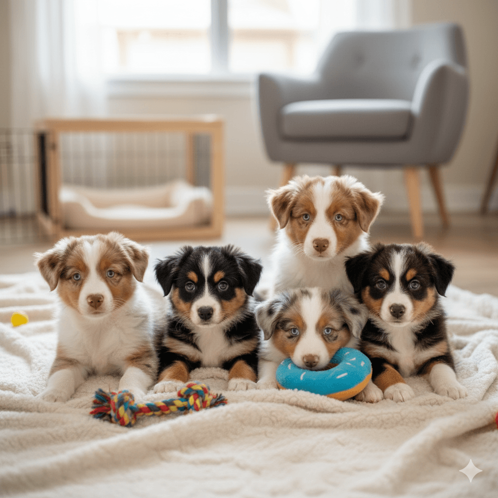 Family researching a reputable Australian Shepherd breeder before buying a puppy