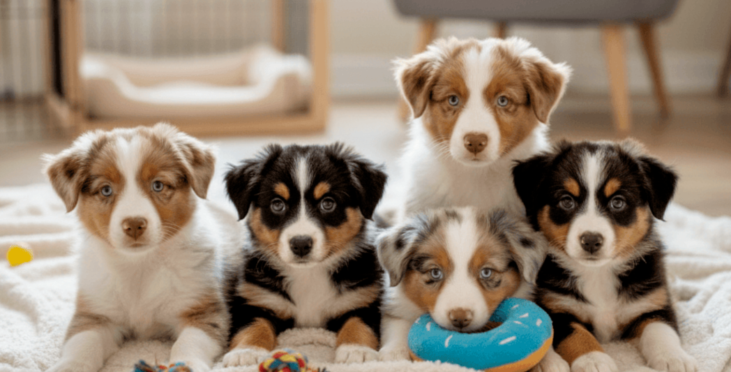 A beautiful tri-color Australian Shepherd puppy standing on the grass at Tri-Color Tale Pups.